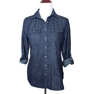 Talbots Denim Button Up Shirt Dark Wash Roll Tab Sleeve Cotton Blouse
